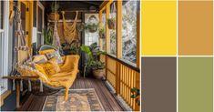 a porch with yellow and gray colors on it, including an area rug that matches the color scheme