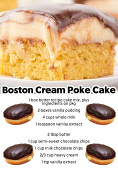 boston cream poke cake recipe with instructions on how to bake it in the oven