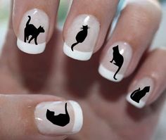 56 BLACK CATS Nail Decals BC1 Cat Nail Art Tiny Cat Nail Nail Art Blanc, Cat Nail Designs, Black And White Nail Art, Cat Nail Art, Nail Art Halloween, Emerald Nails, Cat Nail, White Nail Art, Spooktacular Halloween