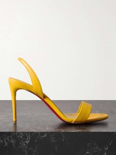 Yellow Sandals With Sculpted Heel For Evening, Yellow Evening Sandals With Sculpted Heel, Yellow Sandals With Sculpted Heel For Formal Occasions, Yellow Formal Sandals With Sculpted Heel, Modern Yellow Sandals With Open Heel, Yellow Slingback Sandals With Heel Strap, Yellow Open Heel Slingback Sandals With Strap, Yellow Open Heel Slingback Sandals, Elegant Yellow Slingback Sandals