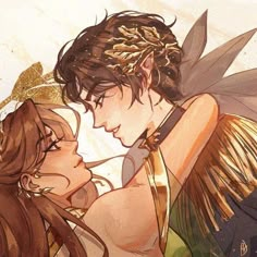 an image of two people that are kissing each other with wings on their heads and shoulders