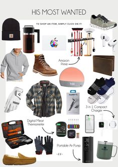 a poster with many items that include shoes, hats, and other things to wear