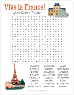 the word search is shown with words in french and english, which are highlighted by an eiffel tower