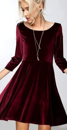 3/4 Sleeved Velvet Dress Falls A Little Above The Knee In Length Flare Bottom Velvet Skater Dress, 2000s Fashion Trends, Long Sleeve Velvet Dress, Red Velvet Dress, Bohol, Skirt Design, Mode Inspiration, Catsuit, Winter Dresses