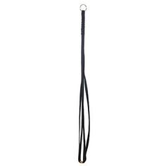 a black leash is hanging from a hook on a white background, with the end of it's cord visible