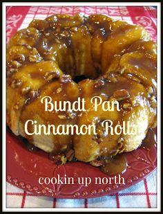 bundt pan cinnamon roll on a red plate with the words cookin up north