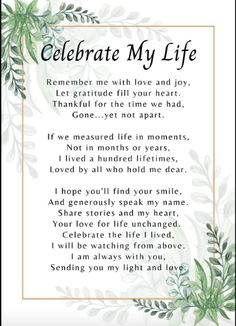 a poem written in the language of celebrate my life with watercolor leaves and greenery