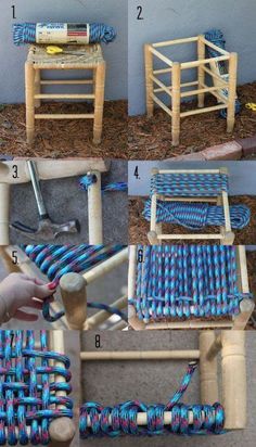 instructions to make a weaving chair out of yarn and wood dows for the seat