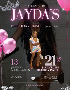 a birthday party flyer with a girl in a bathing suit and balloons on the floor