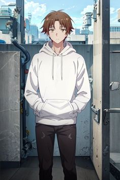 an anime character is standing in front of a door with his hands on his hips