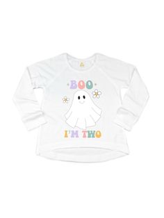 Boo I'm Two! Celebrate your little boo's second birthday with this girly ghost tee! Halloween is all about the bright colors and retro vibes! If you're hosting a 70's themed 2nd birthday party, this outfit is perfect for the birthday girl! Materials 100% cotton heather gray shirt is 60% cotton, 40% polyester long sleeve length girls fit Our t-shirts are made in our studio with a commercial printer. We use eco-friendly inks that are safe for your little one and the environment. You'll love how br Boo Im Two Birthday Party Girl, Boo Im Two, Girls Second Birthday, Girly Ghost, Second Birthday Shirt, Girls Birthday Shirt, 2nd Birthday Party For Girl, Birthday Look, Children's Clothing Brand