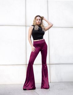 Velvet bell-bottom pants, inspired by the 70's with high rise. Super stretchy and comfortable. They are long enough to wear with heels and platforms. Available in two colors, burnt orange, and dark bordeaux. Perfect for day to day wear, dancing, festivals.... whatever you want These pants are very stretchy, so one size fits two sizes. I recommend choosing your size marked on the size list below. SIZE XS Bust: 31"-33" // 78-83cm Waist: 24"-25" //60-65cm Hips: 34"-35" // 84-87cm SIZE S Bust: 33"- Trendy Stretch Wide Leg Flares, Trendy Full Length Fall Flares, Trendy Full-length Fall Flares, Trendy Full Length Flares For Fall, Trendy Full-length Flares For Fall, Full Length Velvet Stretch Bottoms, Stretch Velvet Full Length Bottoms, Stretch Velvet Full-length Bottoms, Fitted Velvet Pants For Fall