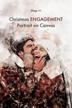 two people kissing each other in front of a snow covered background with the words christmas engagement portrait on canvas