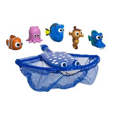 the finding nemo fish toy is in its net with five different types of sea creatures around it