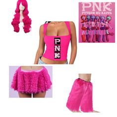 pink clothing and accessories are featured in this image, including a wig, top, shorts, and bra