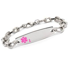 CUSTOM ENGRAVE Medical Alert ID Pink Ribbon Stainless Steel Open Heart Bracelet Medical Alert Jewelry, Ribbon Heart, Medical Id Bracelets, Medic Alert Bracelets, Medical Bracelet, Silicone Bracelets, Rose Quartz Ring, Bracelet Online, Silver Engraving