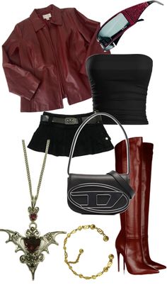 a woman's outfit and accessories including boots, necklaces, jacket, purse