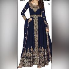 New With Tag Comes With A Scarf And Pant Blue Anarkali Dress For Evening, Blue Anarkali Dress For Formal Occasions, Blue Anarkali Maxi Dress For Party, Blue Long Anarkali Dress, Pakistani Dresses Party, Lilly Pulitzer Maxi Dress, Zara Maxi Dress, Gown Suit, Embroidered Suit