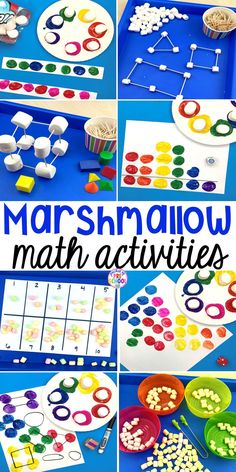 this is a collage of marshmallow math activities