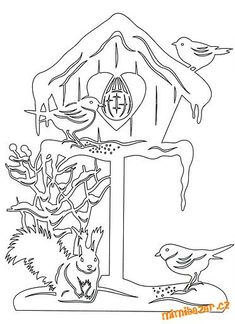 a black and white drawing of birds in front of a birdhouse