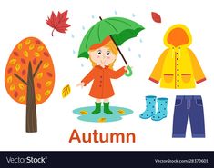 a girl with an umbrella in the rain and other autumn items to be used for children's clothing