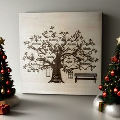 a family tree is displayed on a wall next to christmas trees and presents under the tree