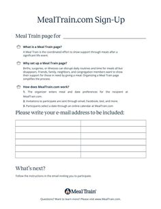 the meal sign up form is shown in blue and white, with an image of meat train