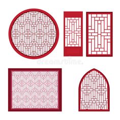 four different types of red and white chinese style screens, with the same pattern on each side