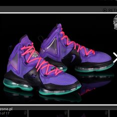 Lebron James 19 Nike Sneakers In Purple, Black, Teal, And Wild Berry Colorway. Unworn Condition, Box Not Included. Purple Basketball Shoes With Laces For Streetwear, Purple High-top Sneakers For Training, Sporty Purple Basketball Shoes, Casual Purple Basketball Shoes For Training, Purple Basketball Shoes With Air Max Cushioning, Purple High-top Basketball Shoes With Air Max Cushioning, Purple Basketball Shoes With Abzorb Midsole, Purple High-top Basketball Shoes, Purple Round Toe Basketball Shoes For Training