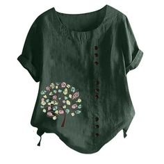 Usmixi Womens Shirts Short Sleeve Crewneck Tree Print Summer Tops Plus Size Breathable Cotton Linen Button Blouses Green XXL  Comfy Material:This casual top is made of 95% Rayon plus 5% Spandex, it is very soft,comfortable,stretchy and light-weight.The loose t-shirt will flow when you walk and feels soft against your skin. Occasion: Good for going out,holiday,vacation,party,club,daily life,office,home,work, beach,travel,easter,St. Patrick's Day and summer indoor and outdoor activities.Perfect fi Linen Blouses, Summer Goddess, Plus Size Summer Tops, Shirts Plus Size, Linen Tops, Linen Shirts Women, Tops Short Sleeve, Womens Vintage Dresses, Womens Tops Summer