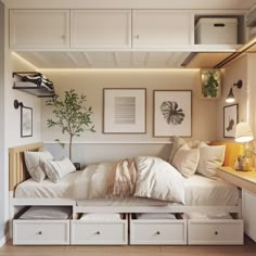 a bed with white sheets and pillows in a small room next to a window filled with pictures