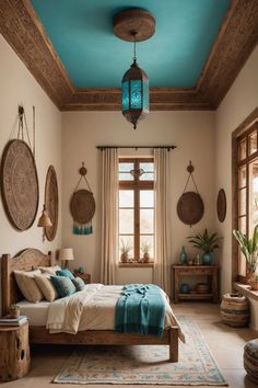 a bed room with a neatly made bed and lots of hanging baskets on the wall