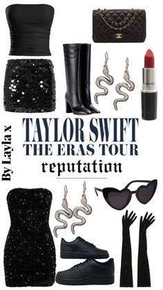 taylor swift the eras tour repuptation poster with black and silver accessories, high heeled boots, red lipstick, handbag