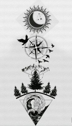 the sun, moon and trees are depicted in this black and white drawing