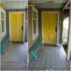 before and after shots of a yellow front door with bench on the porch, right side view