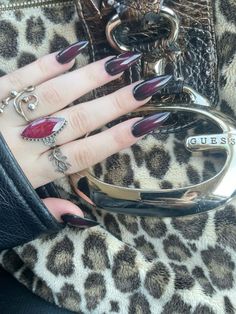 Ombre Dark Red Nails, Red And Black Animal Print Nails, Rockstar Nails Aesthetic, Goth Vibes Aesthetic, Red And Leopard Print Nails, Nails Red Ombre, Red Leopard Print Nails, Vampire Vibes, Vampire Nails