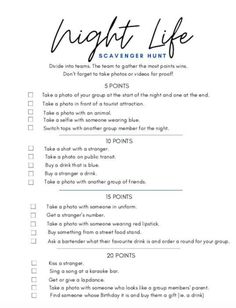 the printable night life scavenger hunt is shown in black and white with blue writing