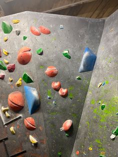 there are several different types of climbing equipment on the wall and one is red, green, blue, yellow and white