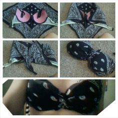 How to make a bandana bra How To Make A Shirt Out Of A Bandana, Bandana Top Diy How To Make, How To Make A Bandana Top, Bandana Top Diy, Two Bandana Top Diy, Turning A Bandana Into A Top, Diy Bandana Top, Cheap Bandana Print Tops For Festivals, Diy Bra Top