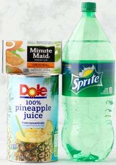 a bottle of pineapple juice next to a container of yogurt and a can of sprite