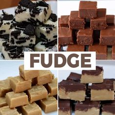 several different types of fudge desserts are shown in this collage with the words fudge above them