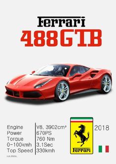 #Ferrari 488 GTB(2018) Sports Cars Lamborghini, Ferrari 488 Gtb, Car Facts, Ferrari Poster, Cars Brand, Cars Tees, High Performance Cars, Ferrari 488