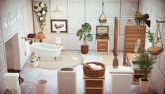 an aerial view of a living room with white walls and flooring, including a bathtub in the center