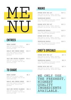 a menu for a restaurant with yellow and blue stripes on the front, black and white lettering