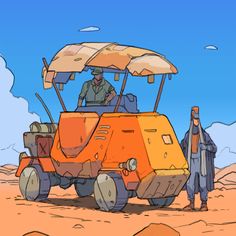 an orange vehicle with two people standing next to it in the desert, and one man is looking on