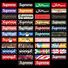 some different types of supreme stickers on a black background with the words supreme in multiple languages