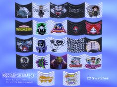 an image of many different cartoon characters on the back of their shirts with text that reads pop culture flags 22 swatches