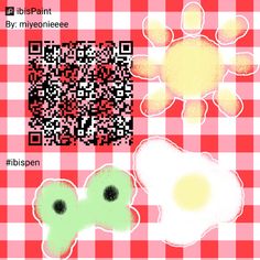 an image of some food on a red and white checkered tablecloth with qr code