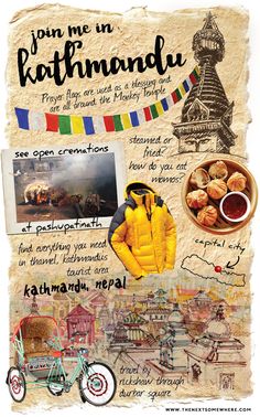 a collage with pictures and words on it, including an image of a person in a yellow jacket