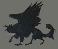 a drawing of a black bird with green eyes on it's back legs and wings